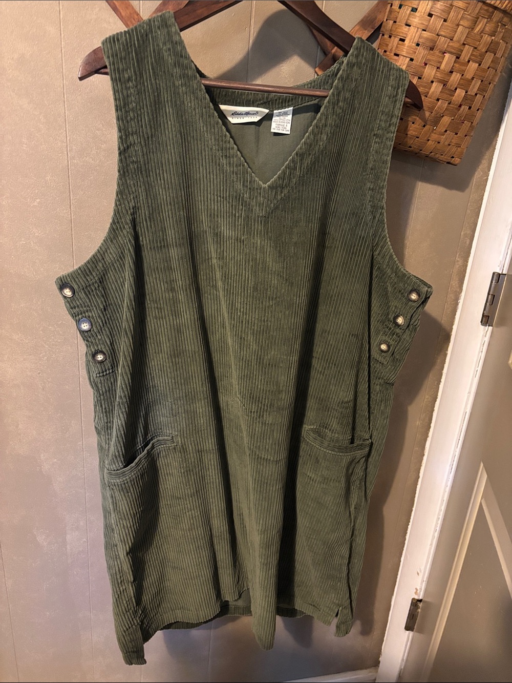 Eddie Bauer Olive Green Corduroy V-Neck Pinafore Dress